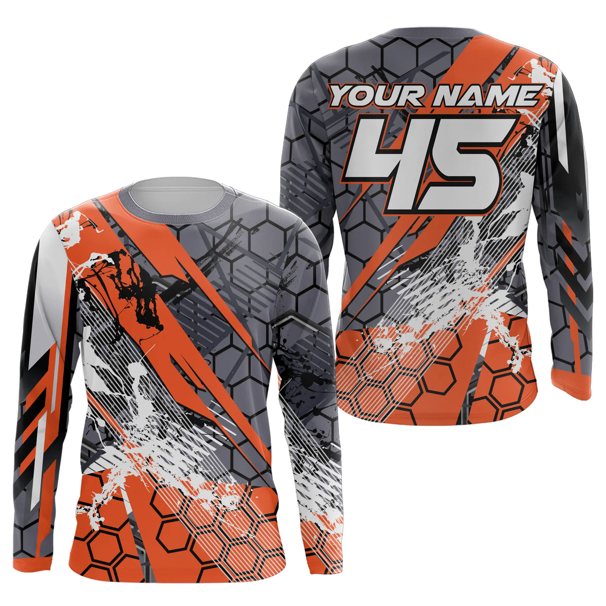Anti-UV manches longues maillot motocross gris orange Xtreme, design dirt bike hexagonal personnalisé