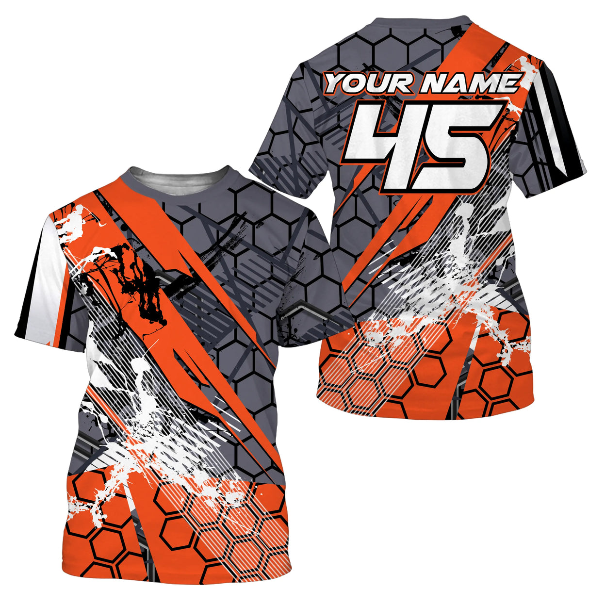 Anti-UV à capuche maillot motocross gris orange, motif hexagonal Xtreme et numéro de course personnalisé