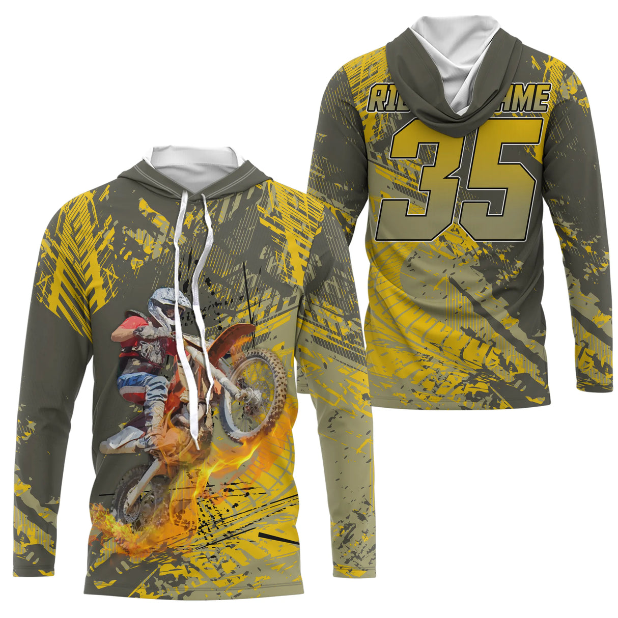 Maillot motocross jaune kaki avec pilote moto et flammes vintage, prénom et numéro 35 imprimés