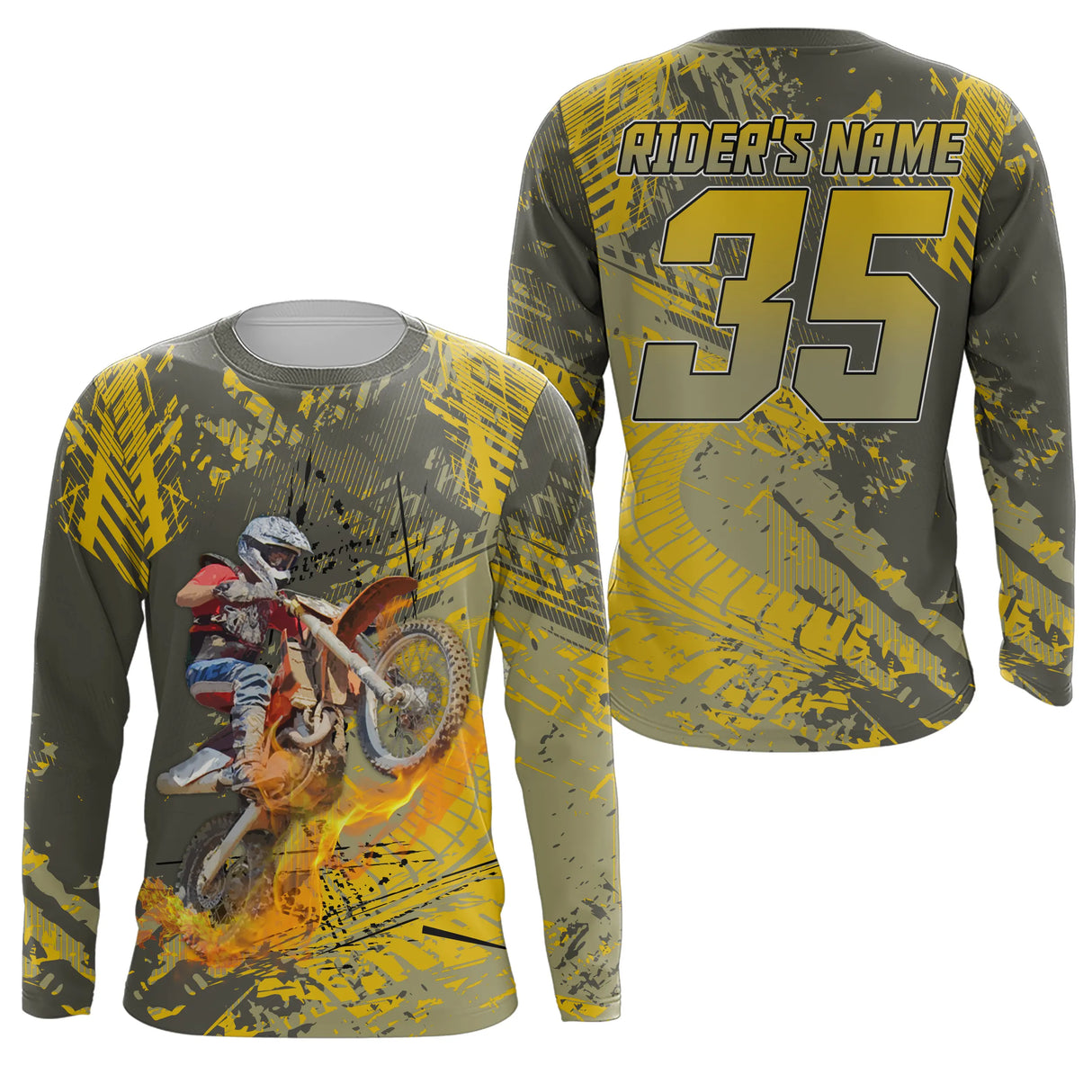 Anti-UV manches longues maillot motocross jaune kaki vintage, design dirt bike rétro personnalisé