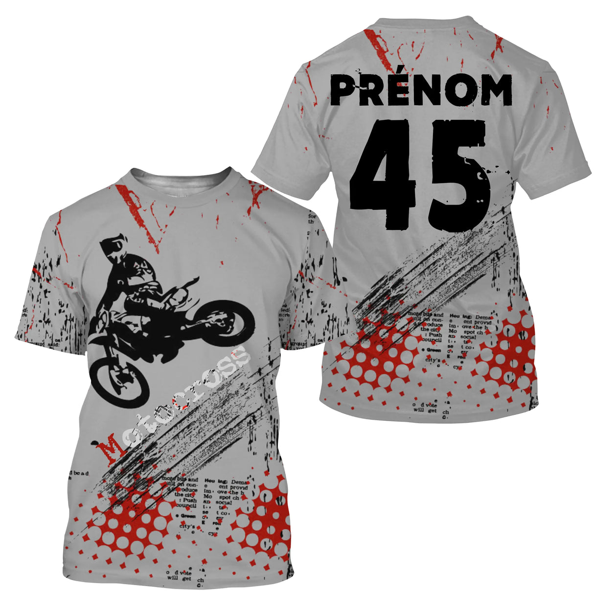 Maillot motocross personnalisé gris rouge avec motard freestyle FMX et prénom numéro 45 imprimés, traces pneu