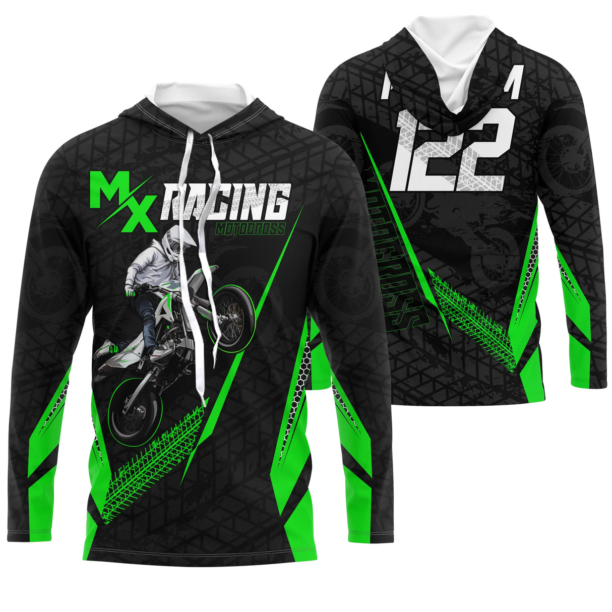 Anti-UV à capuche motocross MX Racing vert fluo, design dirt bike personnalisé pour compétiteur