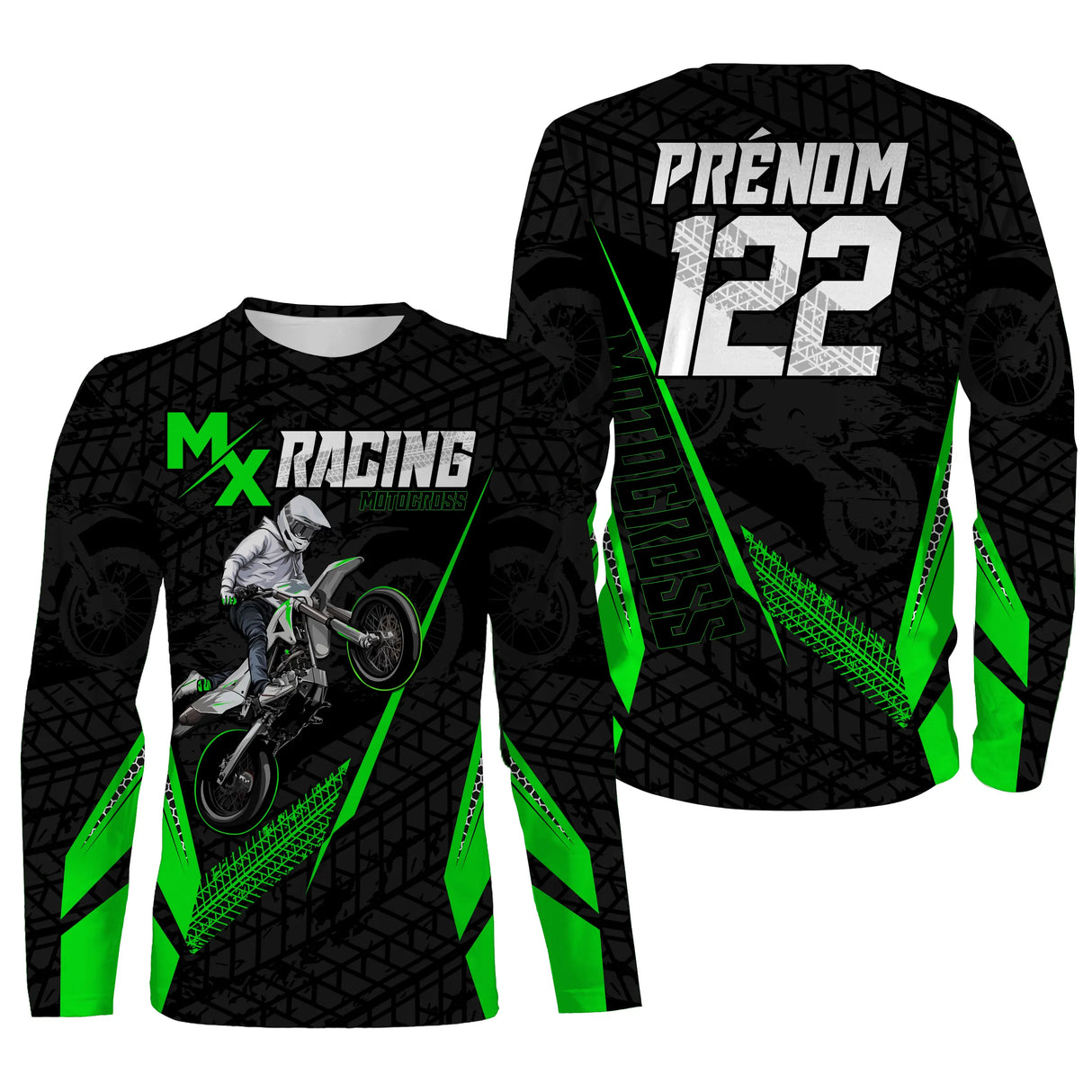 T-shirt manches longues motocross MX Racing vert noir, design dirt bike personnalisable prénom numéro