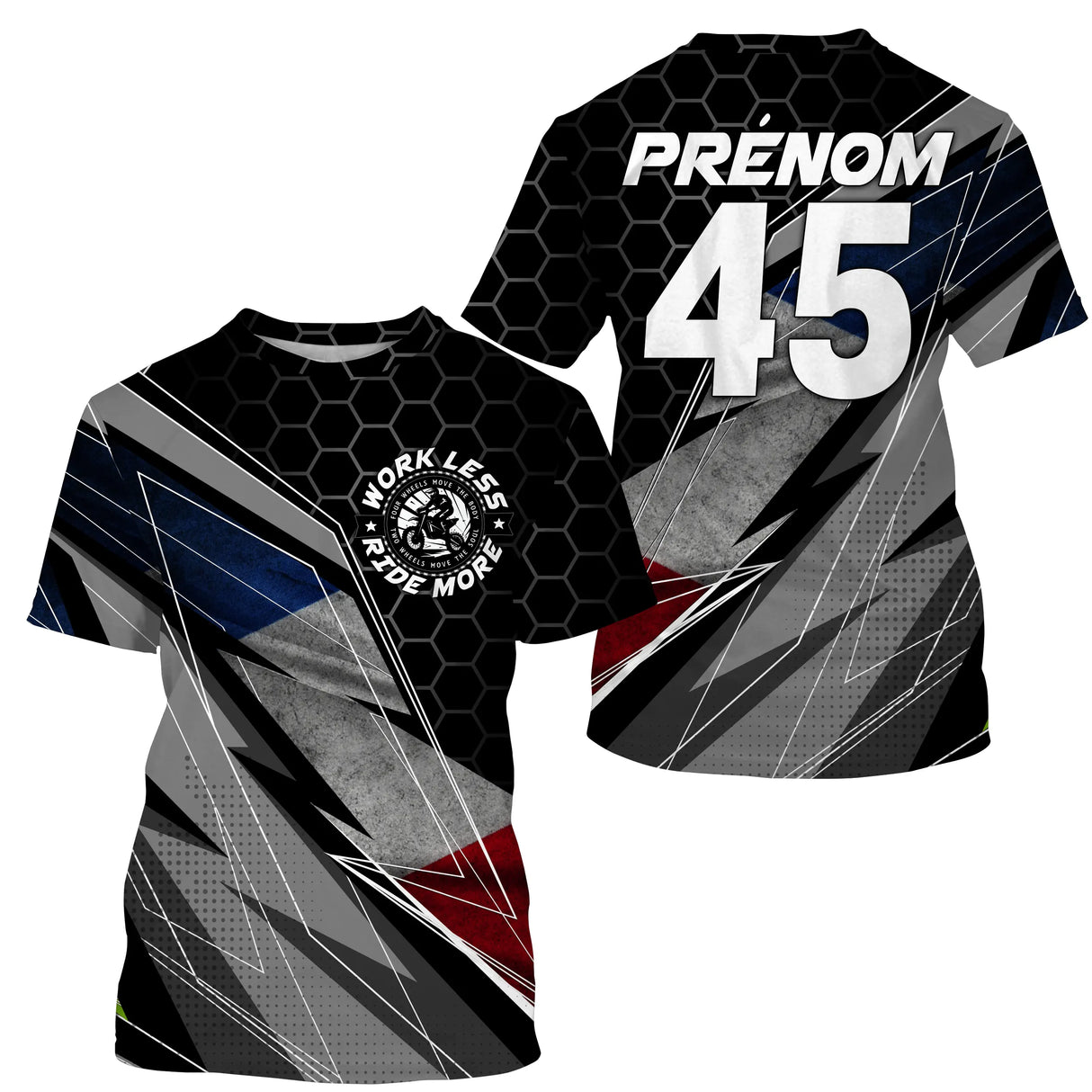 Maillot motocross France noir gris hexagonal avec drapeau tricolore et lettrage Work Less Ride More, prénom numéro 45