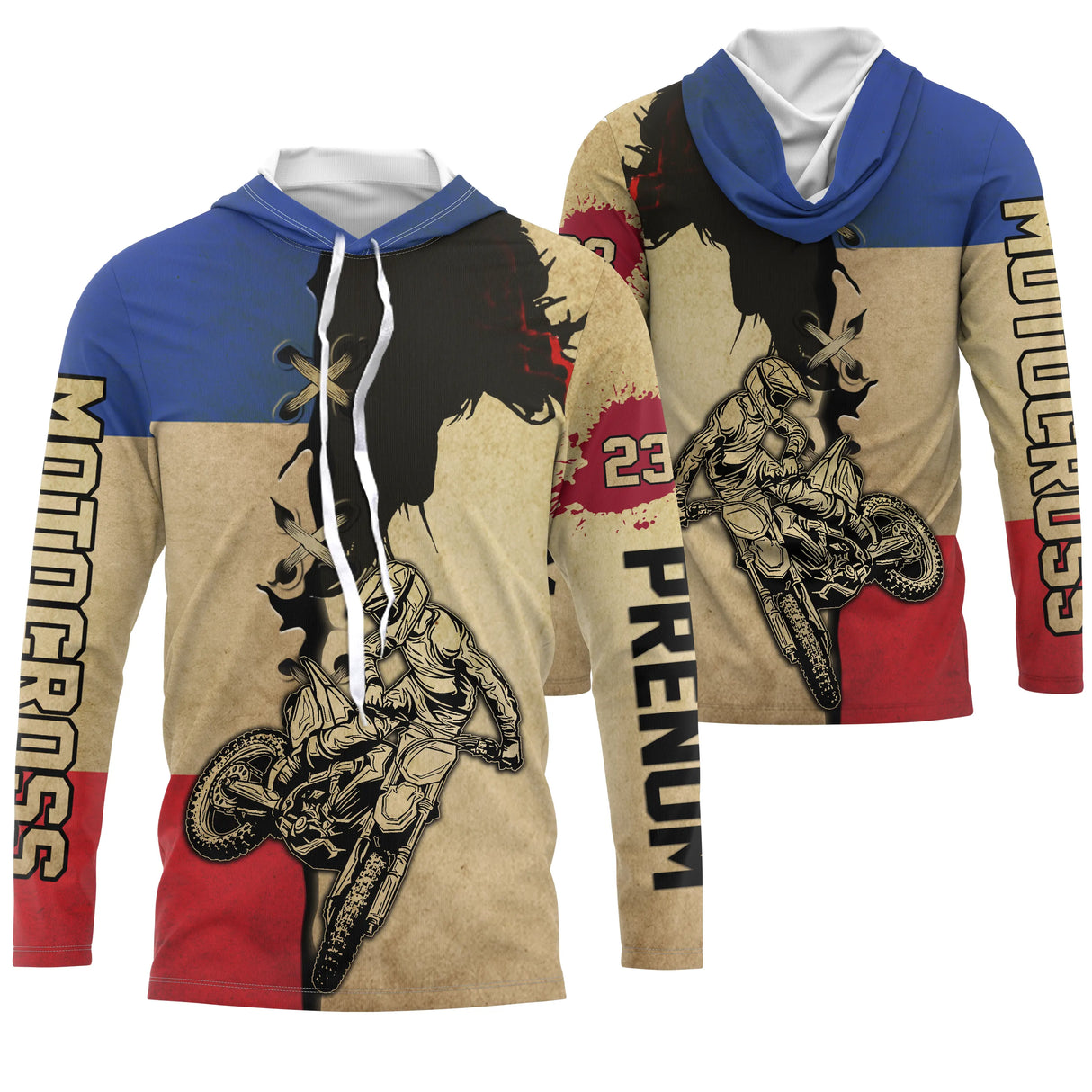 Anti-UV à capuche motocross France beige rétro, design dirt bike vintage personnalisé