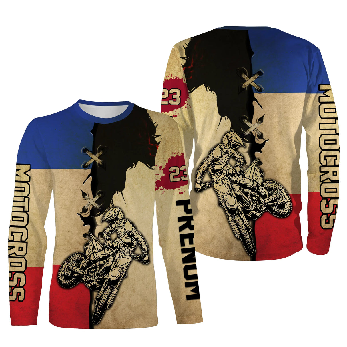 T-shirt manches longues motocross France beige vintage, design dirt bike personnalisable prénom