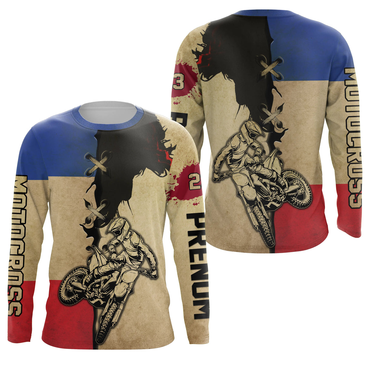 Anti-UV manches longues motocross France tricolore beige, tenue piste avec prénom et numéro