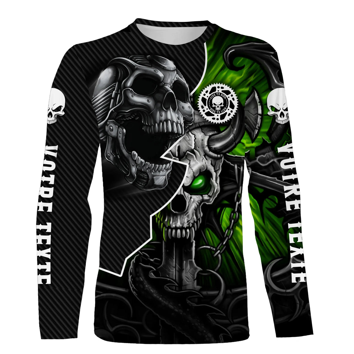 T-shirt manches longues motocross crâne mort vert, design rock dirt bike personnalisable texte