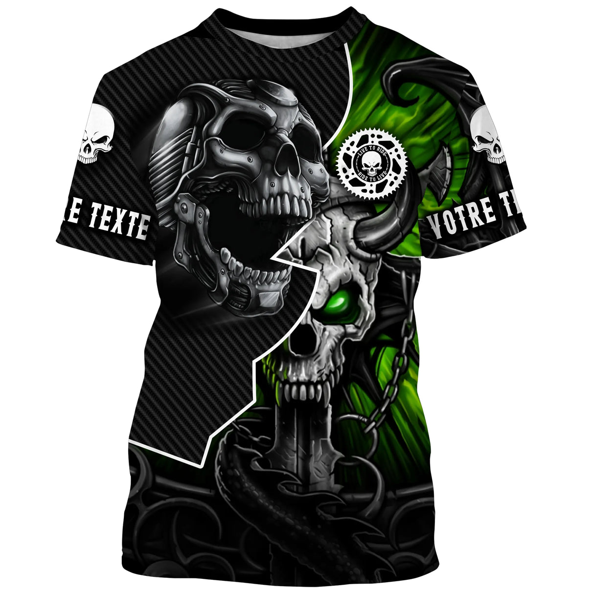 Maillot motocross noir vert toxique avec double crâne miroir et motif tribal, texte personnalisé sur manches