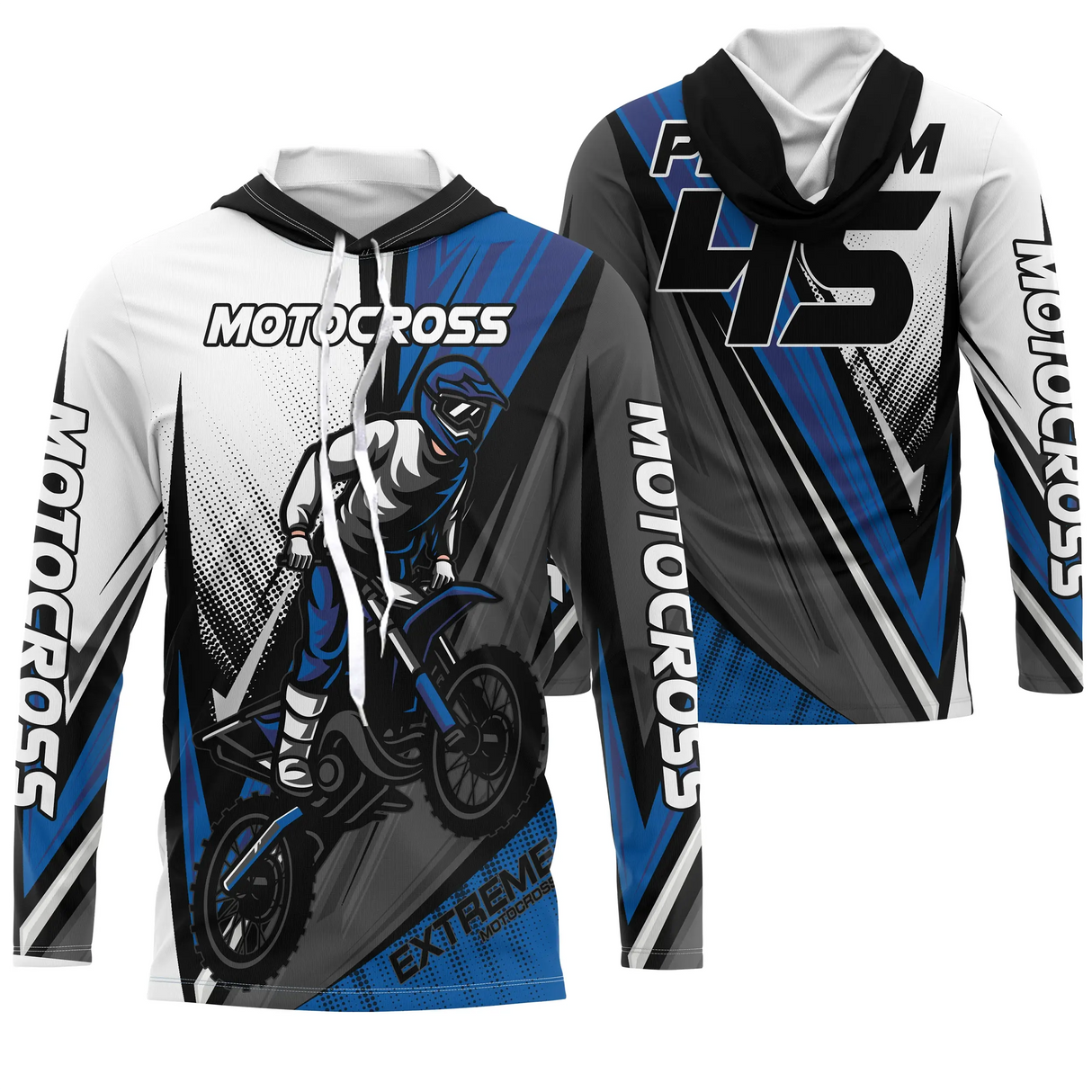 Anti-UV à capuche motocross bleu noir extreme, design dirt bike personnalisé pour freestyle