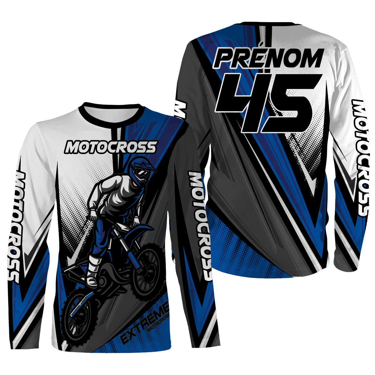 T-shirt manches longues motocross extreme bleu, design dirt bike personnalisable prénom numéro