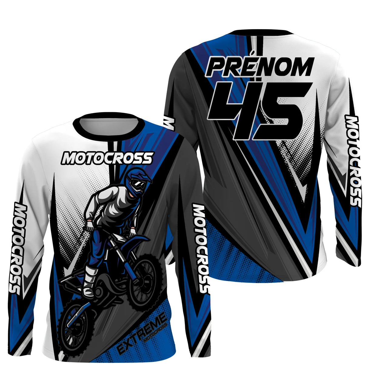 Anti-UV manches longues motocross extreme bleu, tenue piste avec prénom et numéro pour pilote
