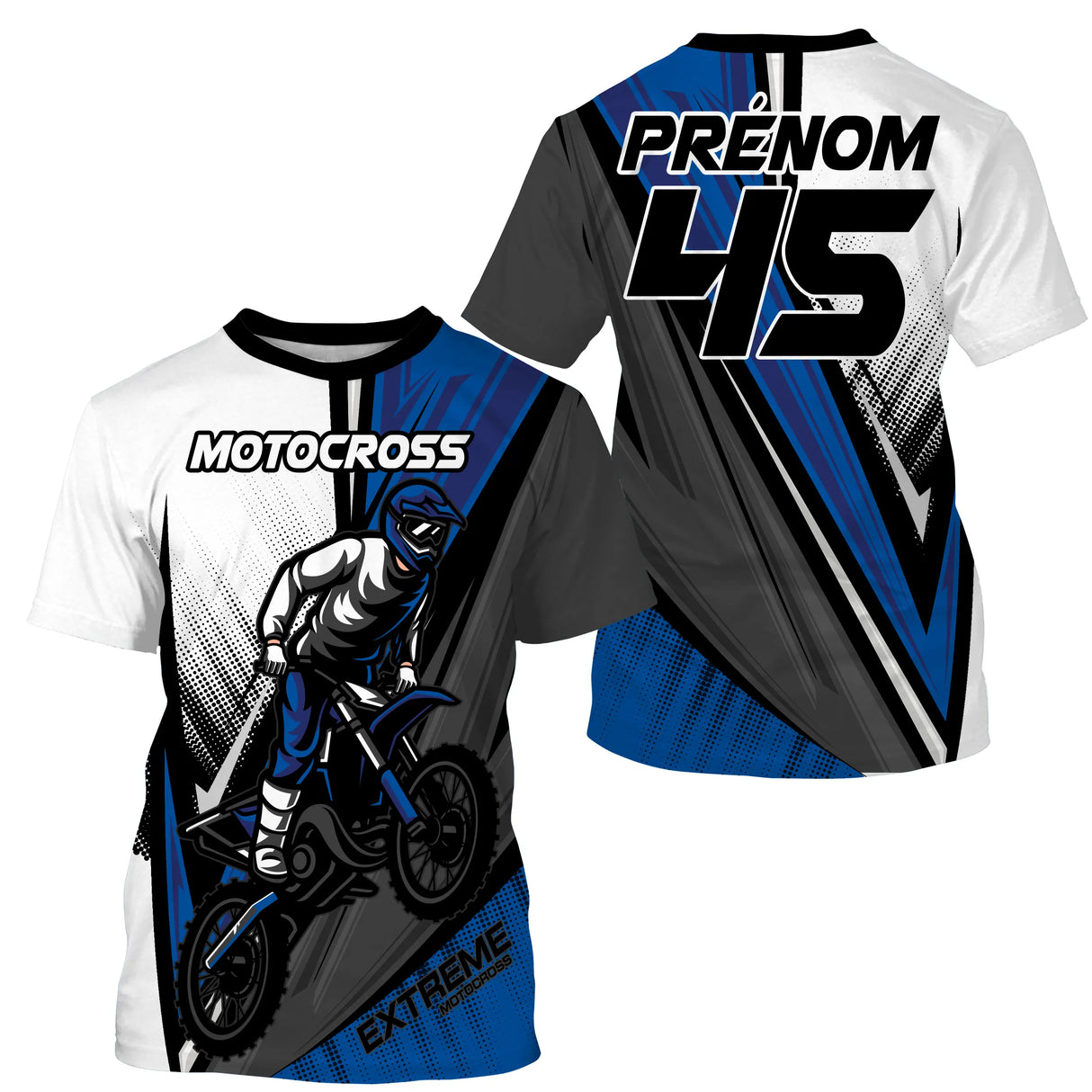 Maillot motocross extreme blanc bleu noir avec motard en course et lettrage Extreme, prénom numéro 45 imprimés