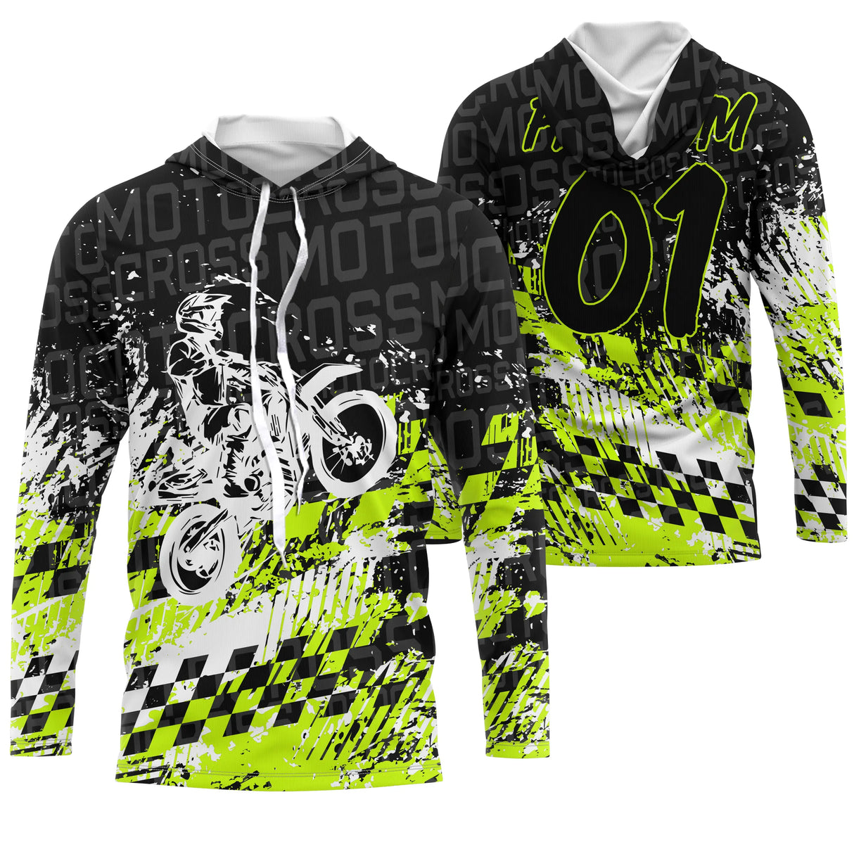 Anti-UV à capuche motocross noir vert fluo damier, design course personnalisé pour pilote