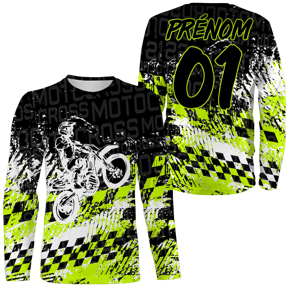 T-shirt manches longues motocross vert fluo damier, design dirt bike personnalisable prénom numéro
