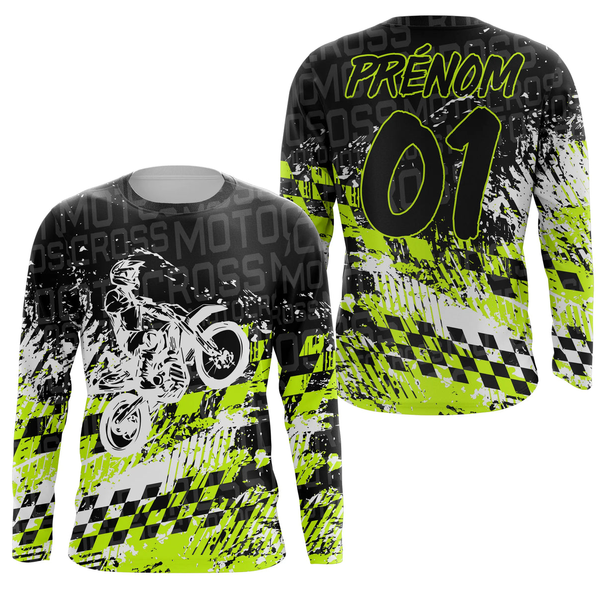 Anti-UV manches longues motocross damier vert fluo, tenue piste avec prénom et numéro