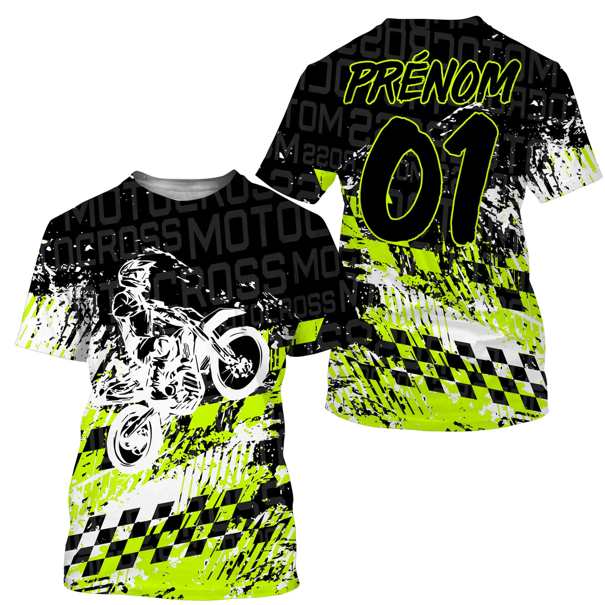 Maillot motocross noir vert fluo avec motif damier et motard en course, prénom numéro 01 imprimés