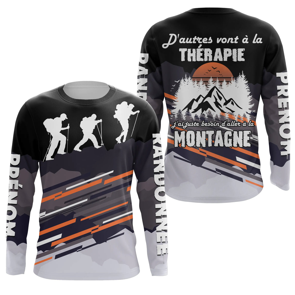 T-shirt randonnée variante avec silhouettes trek noir orange, prénom personnalisé