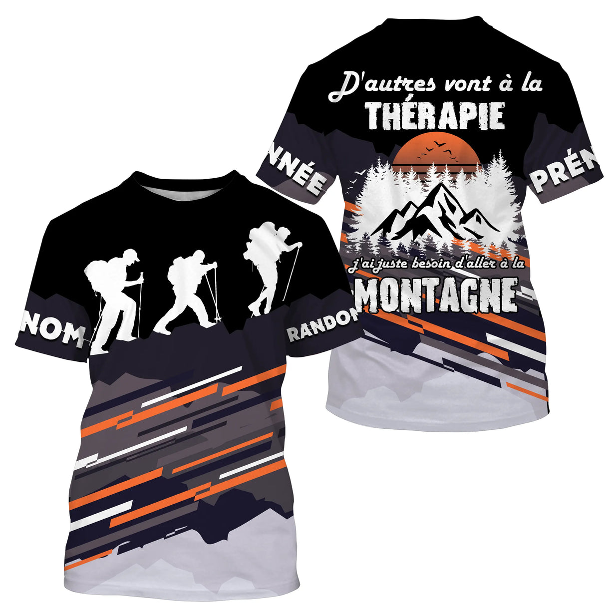 T-shirt randonnée all-over noir orange unisexe avec slogan thérapie montagne et silhouettes randonneurs, prénom personnalisé