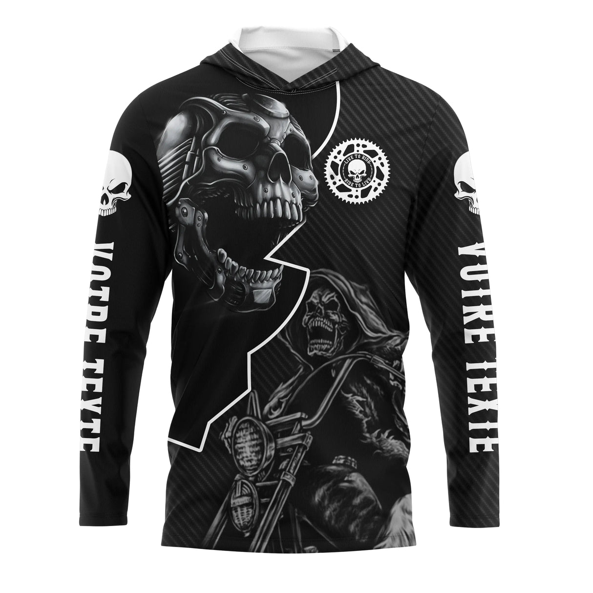 Anti-UV à capuche motocross noir tribal crâne biker, design rock personnalisé pour pilote