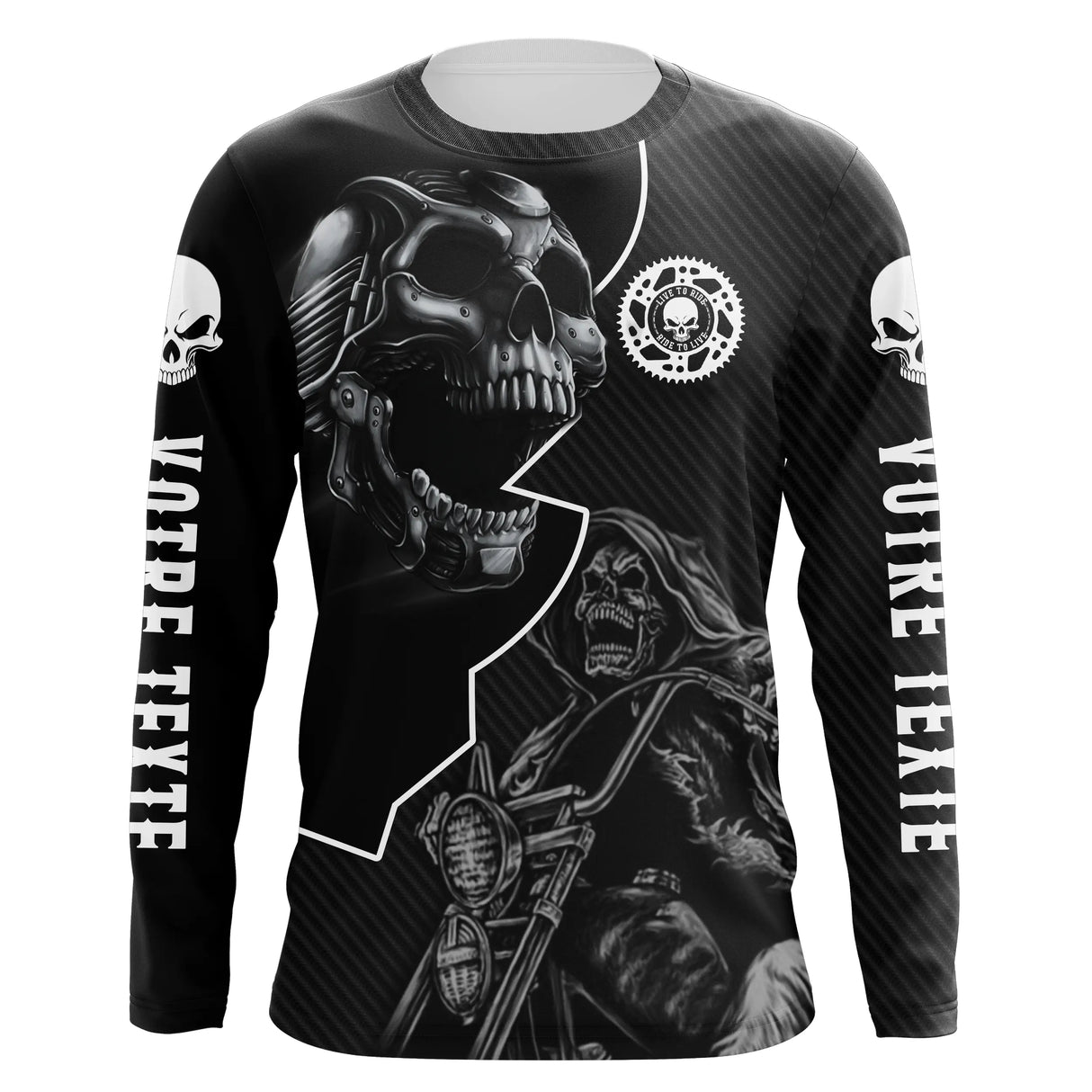 Anti-UV manches longues motocross crâne biker noir, tenue piste avec double texte personnalisé