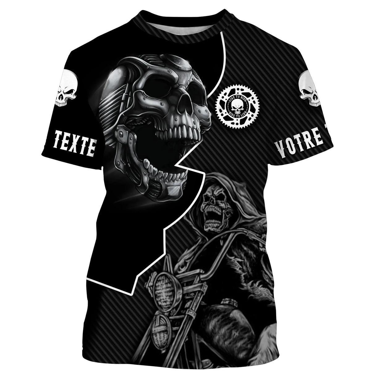 Maillot motocross noir double crâne biker et grim reaper avec motif tribal, texte personnalisé sur manches