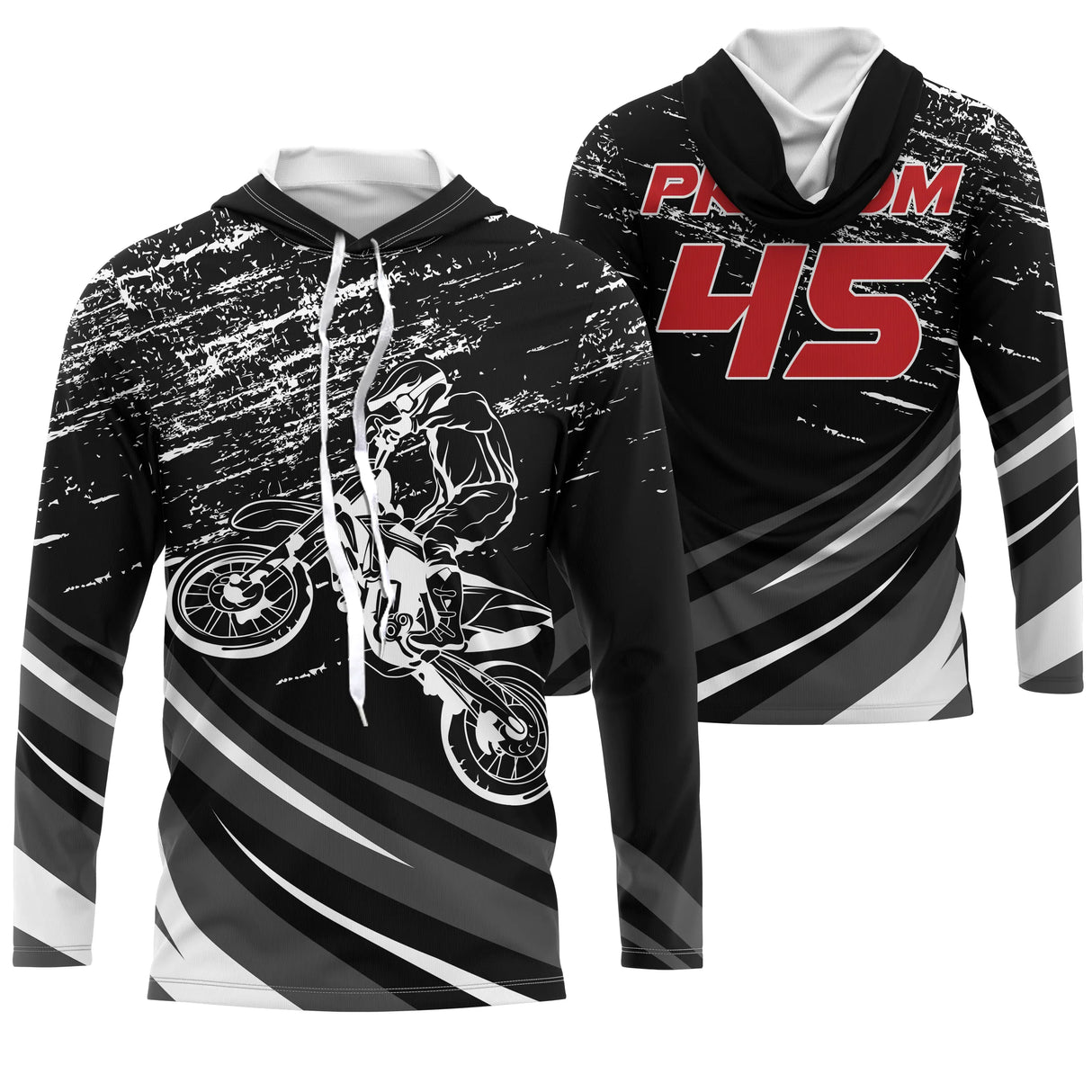 Anti-UV à capuche motocross noir blanc épuré, design dirt bike minimaliste personnalisé