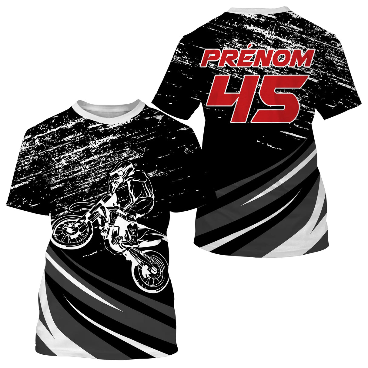 Maillot motocross noir blanc rayures avec motard silhouette et fragments dynamiques, prénom numéro 45 imprimés