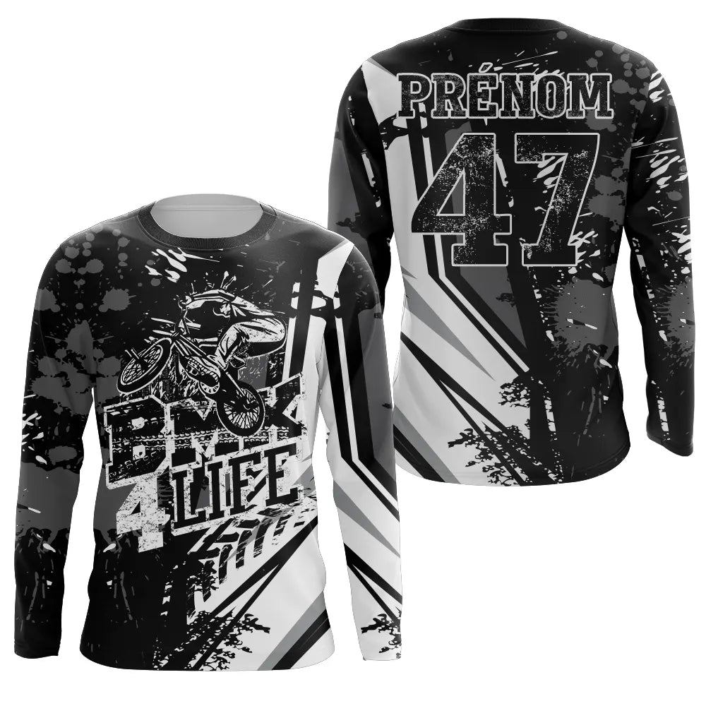 Anti-UV manches longues BMX noir blanc Life, tenue skatepark avec prénom et numéro pour rider