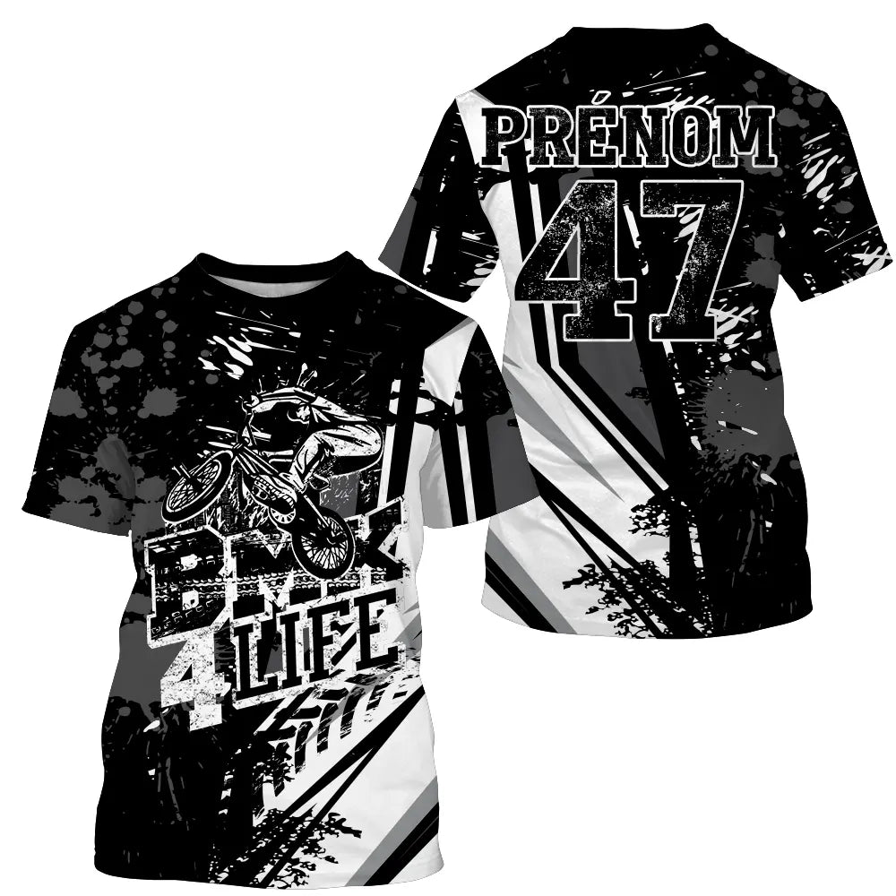 Maillot BMX noir blanc avec rider freestyle et lettrage BMX Life, prénom numéro 47 imprimés design street