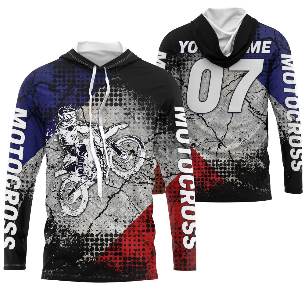 Anti-UV à capuche motocross France blanc rouge bleu, design dirt bike épuré personnalisé
