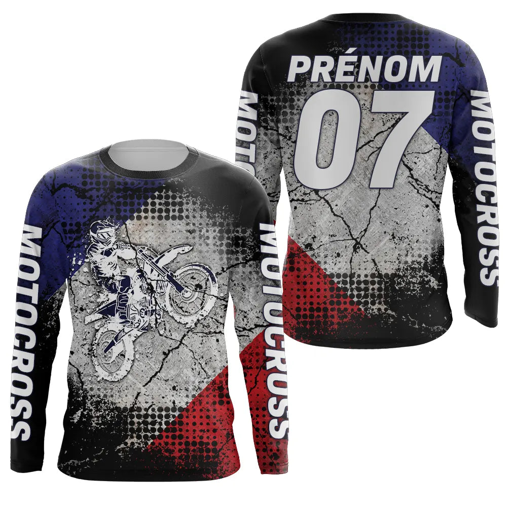 Anti-UV manches longues motocross France blanc tricolore, tenue piste avec prénom et numéro
