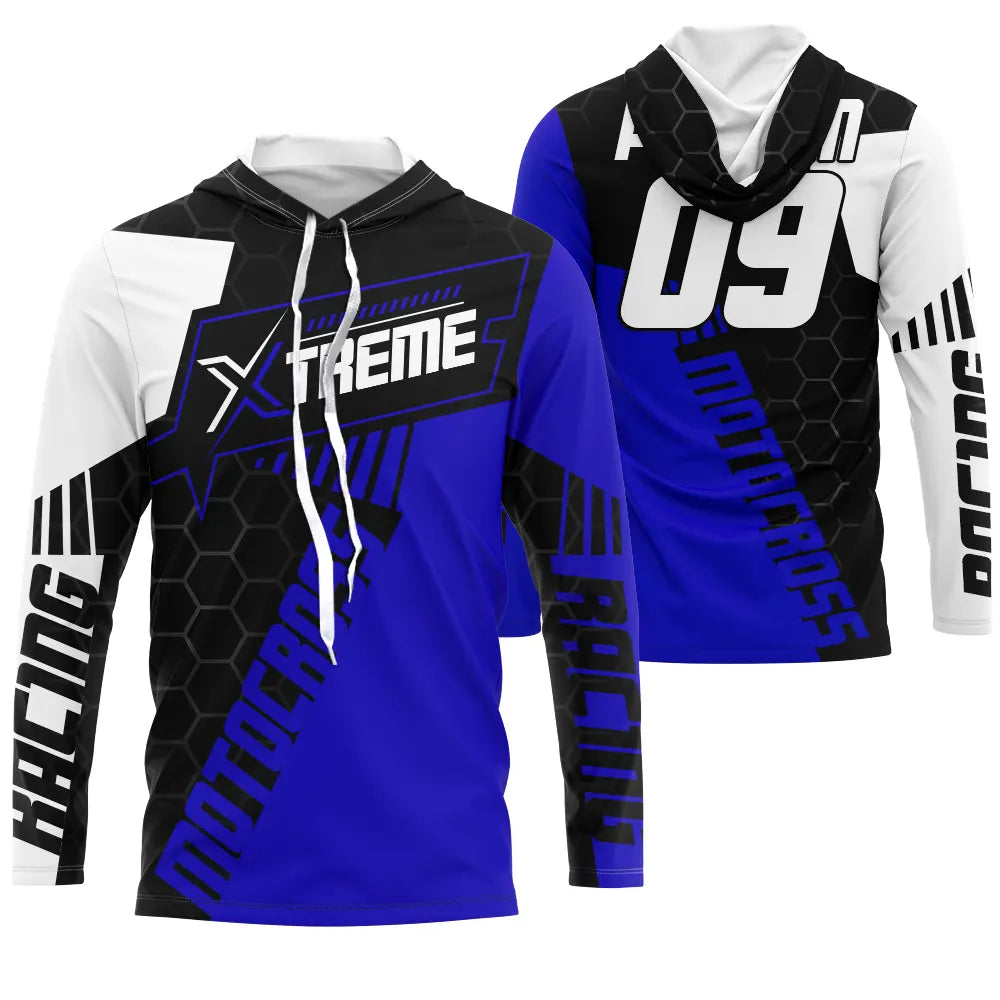Anti-UV à capuche motocross extreme bleu noir, design hexagonal personnalisé pour pilote