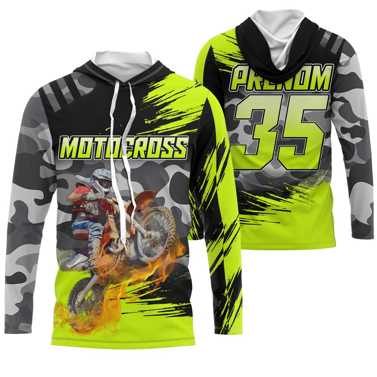 Anti-UV à capuche motocross vert lime orange, design dirt bike personnalisé avec flammes