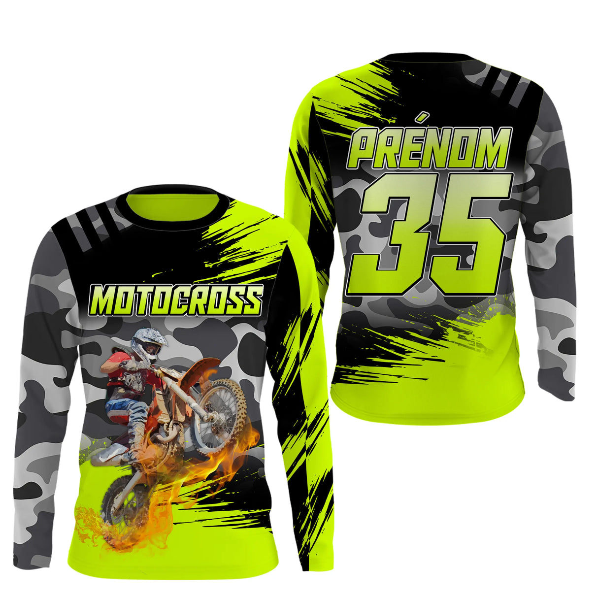 Anti-UV manches longues motocross vert lime flammes, tenue piste avec prénom et numéro pour pilote