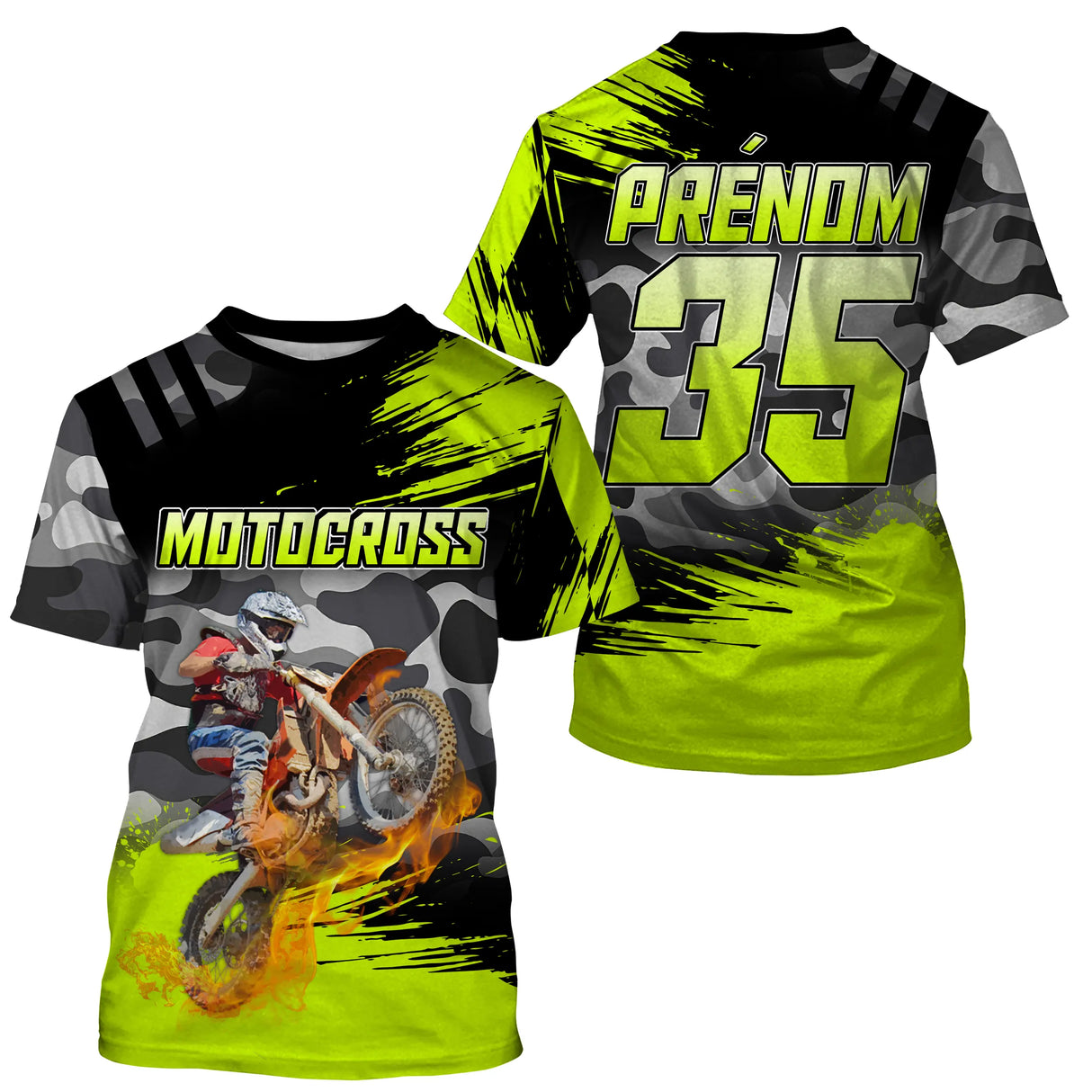 Maillot motocross vert lime noir avec motard et flammes orange, prénom numéro 35 imprimés Motocross