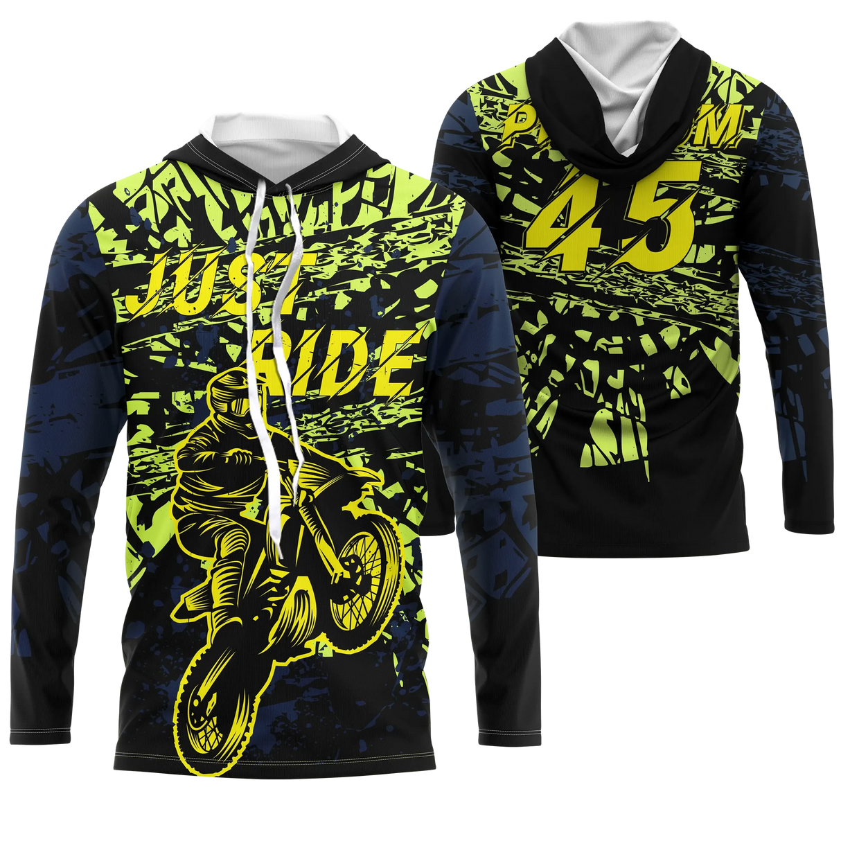 Anti-UV à capuche motocross jaune fluo noir, design dirt bike personnalisé pour pilote