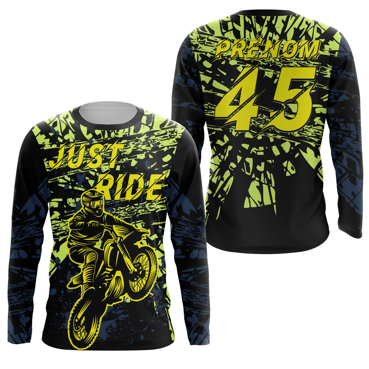 Anti-UV manches longues motocross jaune fluo Just Ride, tenue piste avec prénom et numéro