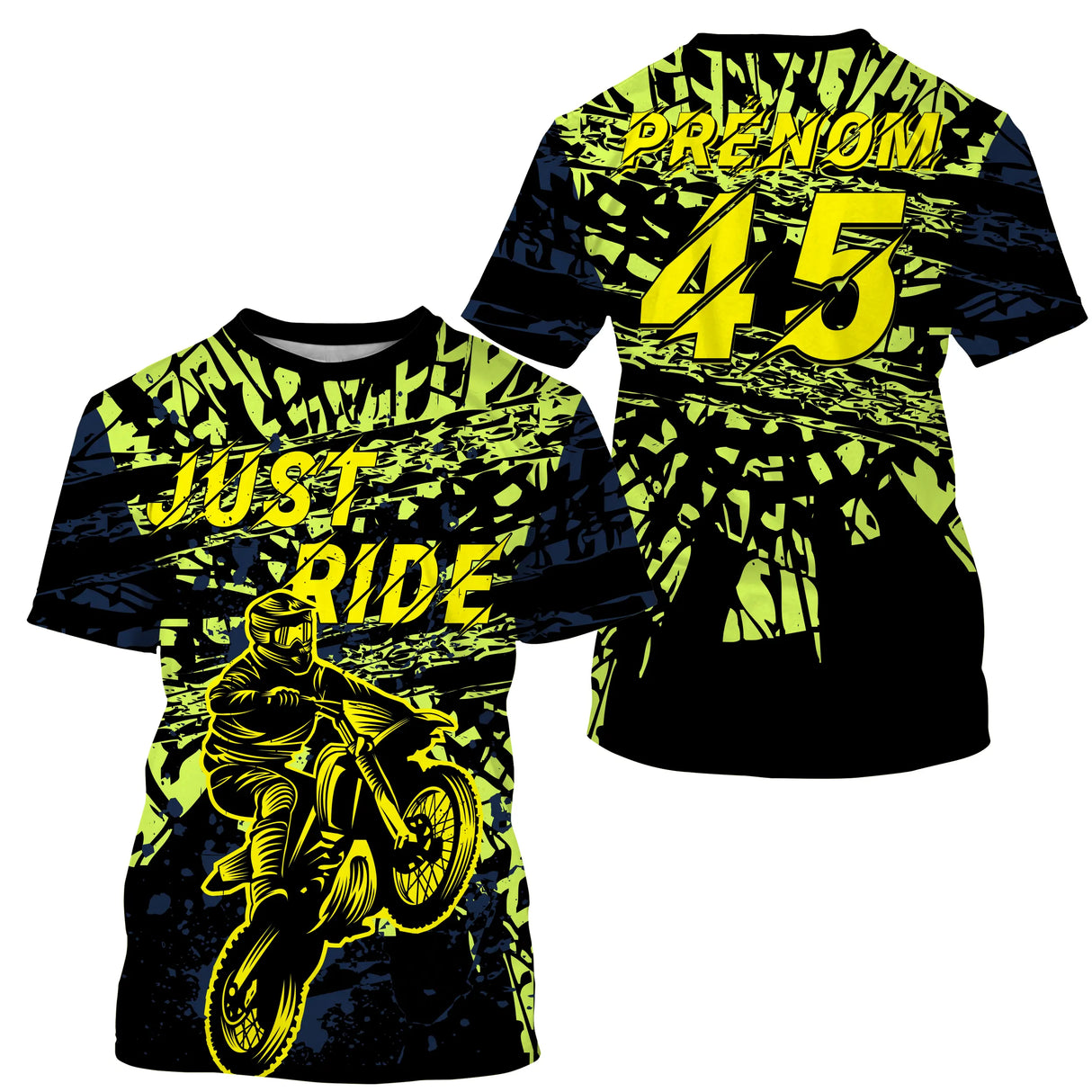 Maillot motocross jaune fluo noir avec motard et lettrage Just Ride, prénom numéro 45 imprimés