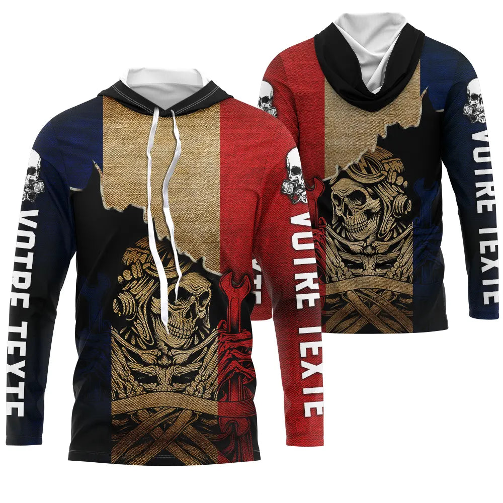 Anti-UV à capuche motocross France double crâne, design rock patriotique personnalisé pour pilote