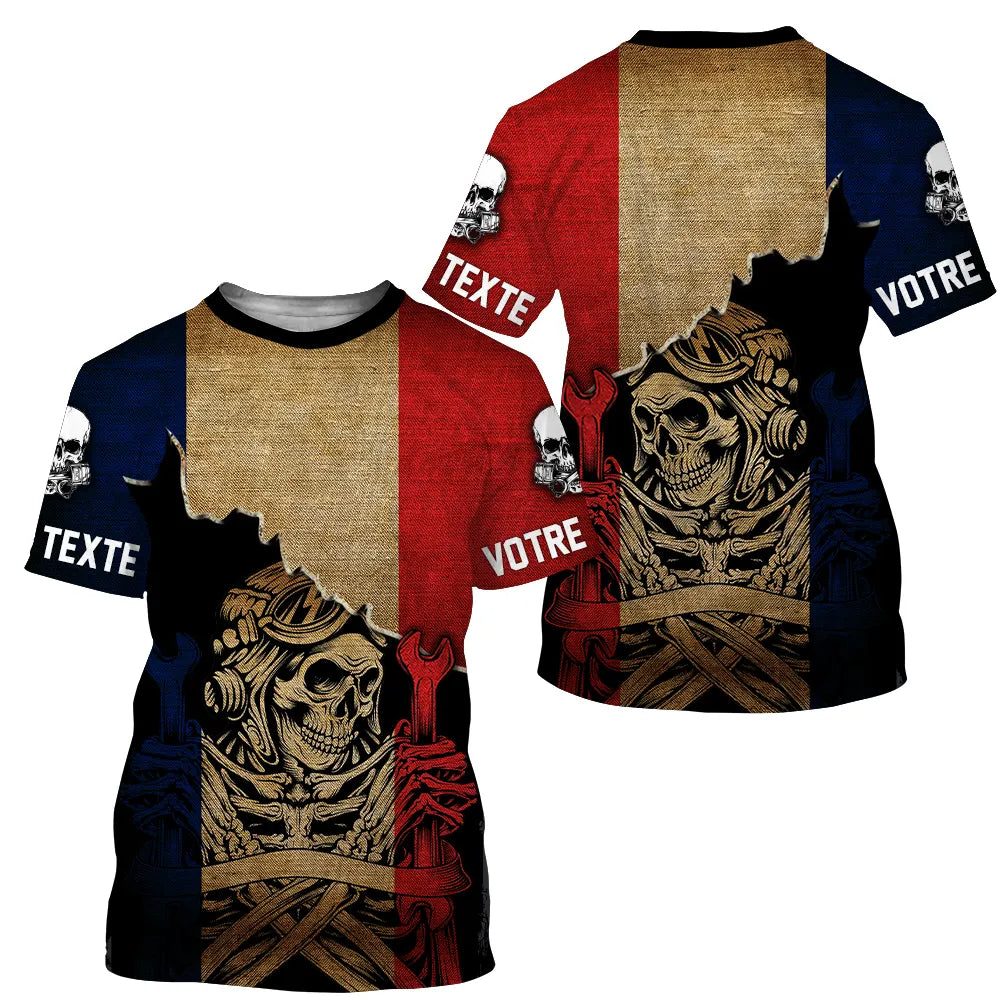 Maillot motocross France tricolore avec double crâne motard et drapeau bleu blanc rouge, texte personnalisé sur manches