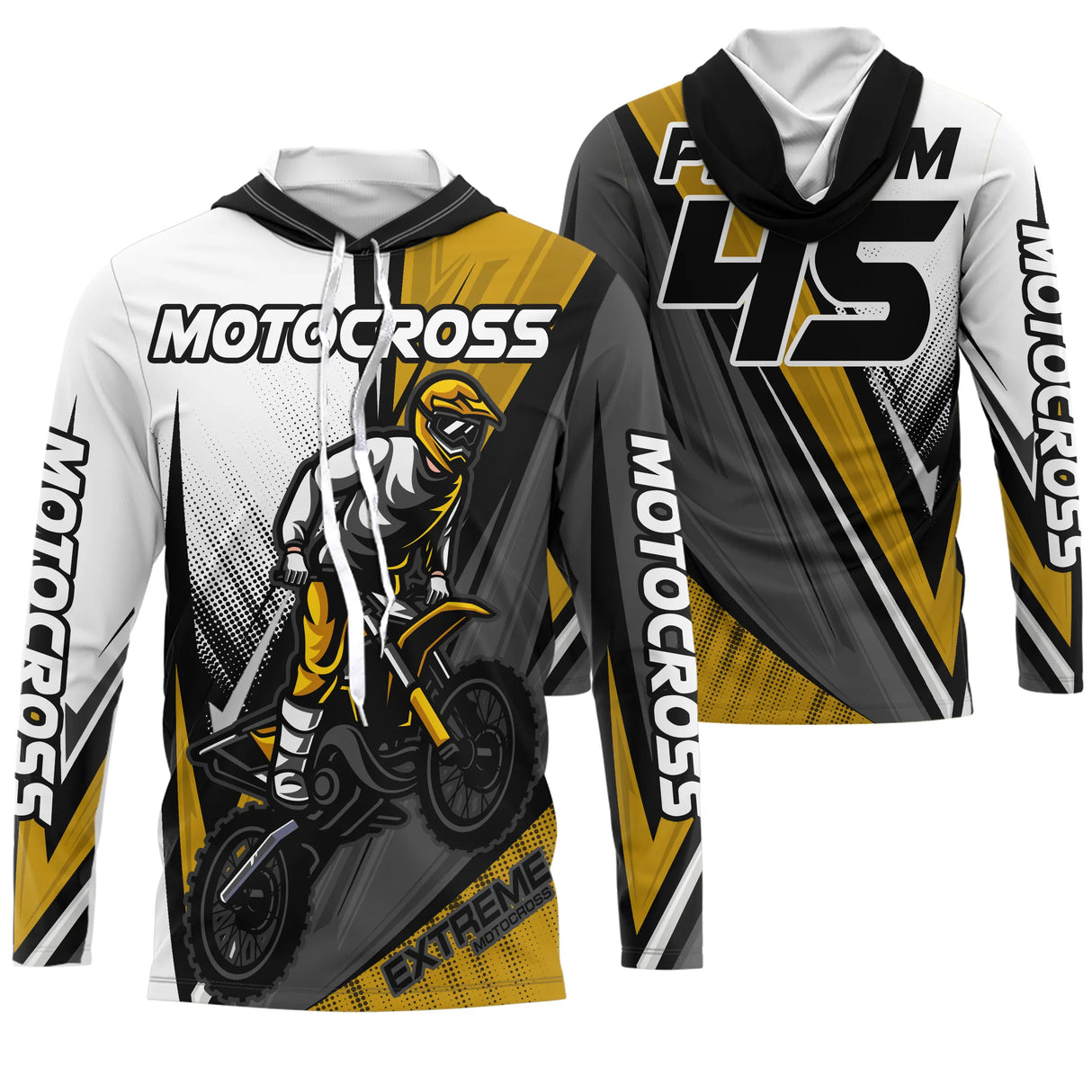 Anti-UV à capuche motocross blanc jaune doré, design dirt bike personnalisé pour compétiteur