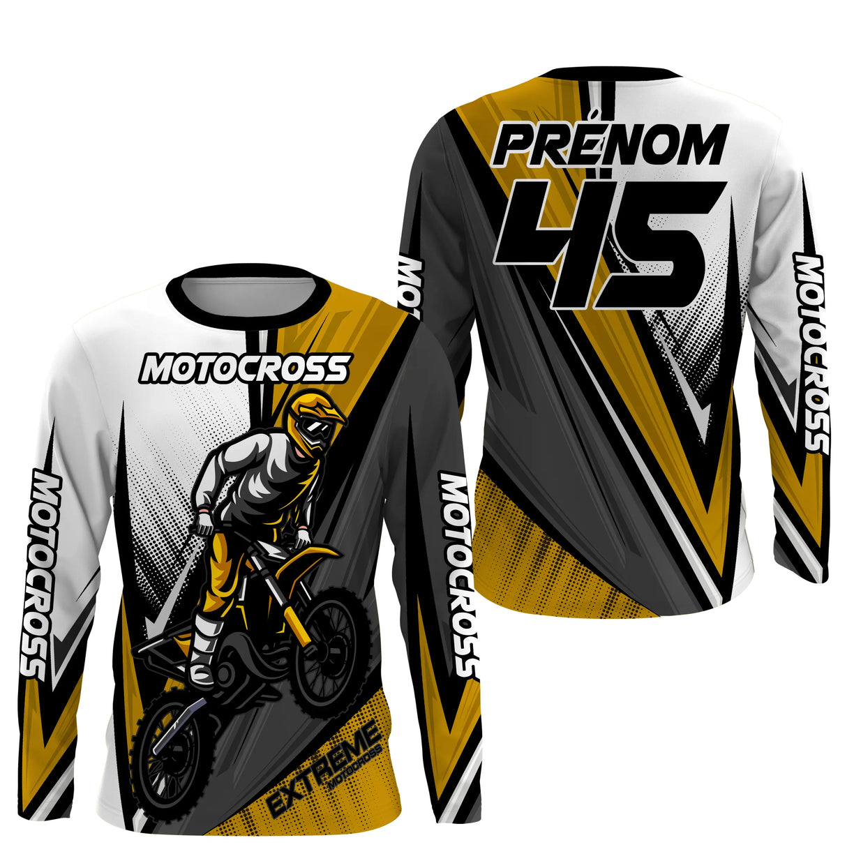 Anti-UV manches longues motocross jaune or Extreme, tenue piste avec prénom et numéro pour pilote