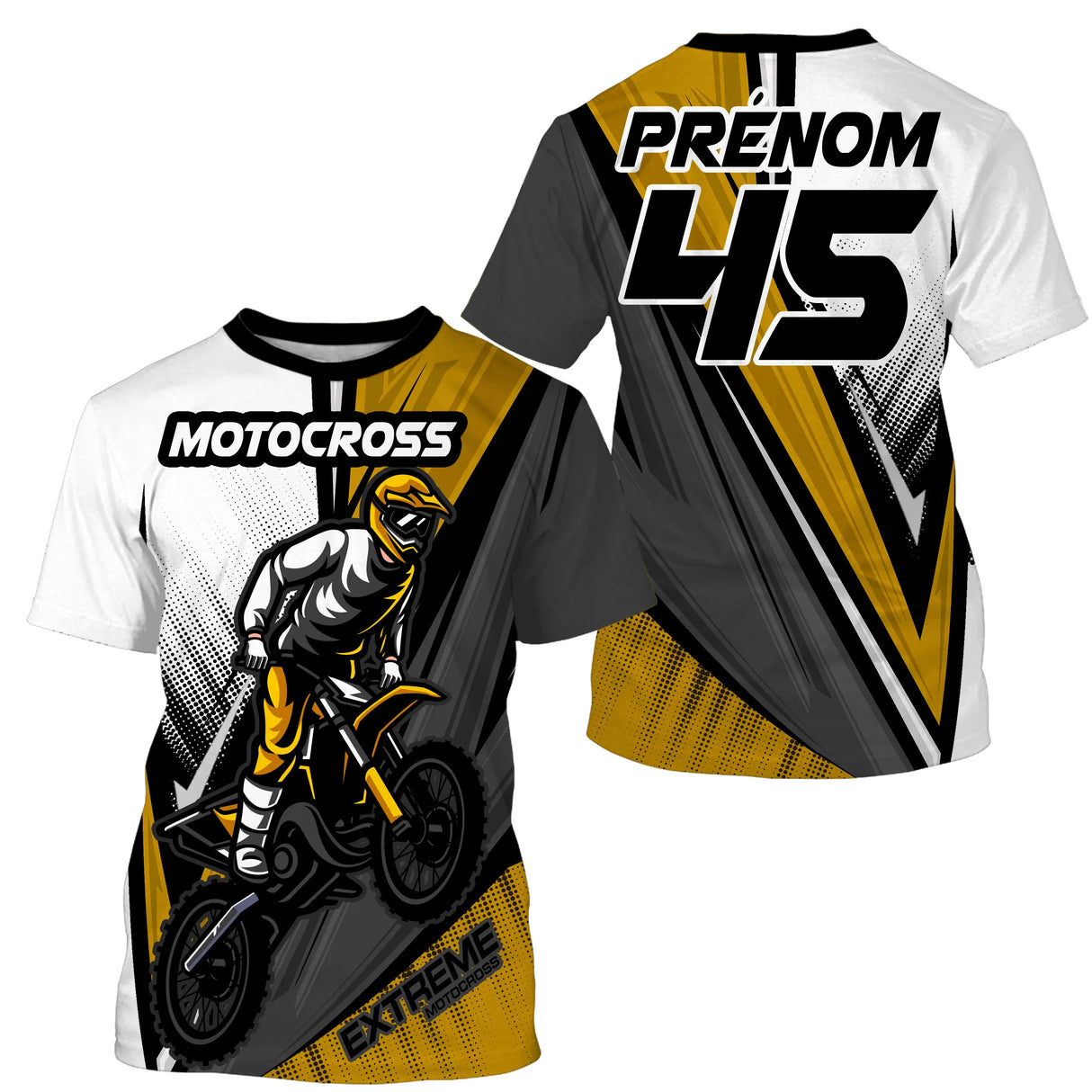 Maillot motocross blanc jaune or avec motard MX et lettrage Motocross Extreme, prénom numéro 45 imprimés
