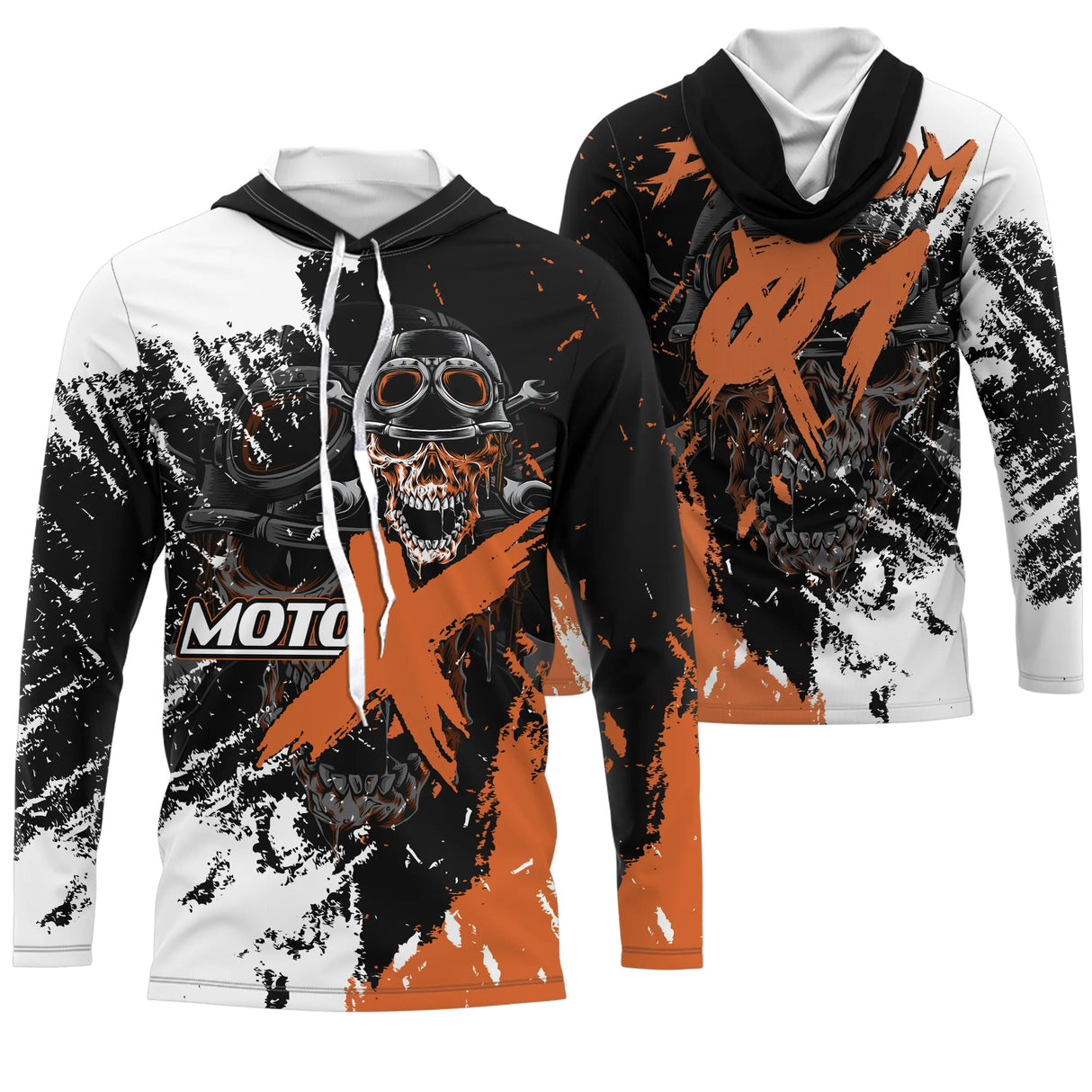 Sweat motocross blanc orange avec grand crâne au casque MX et éclats dynamiques, prénom numéro imprimés