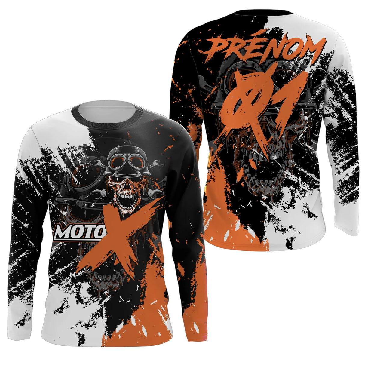 Anti-UV manches longues sweat motocross orange crâne, tenue piste avec prénom et numéro pour pilote