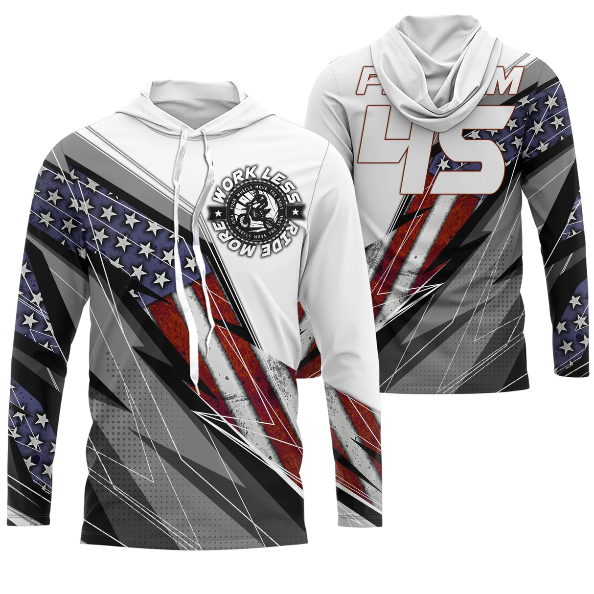 Sweat motocross blanc USA avec drapeau américain stylisé et prénom numéro 45 imprimés sur le dos