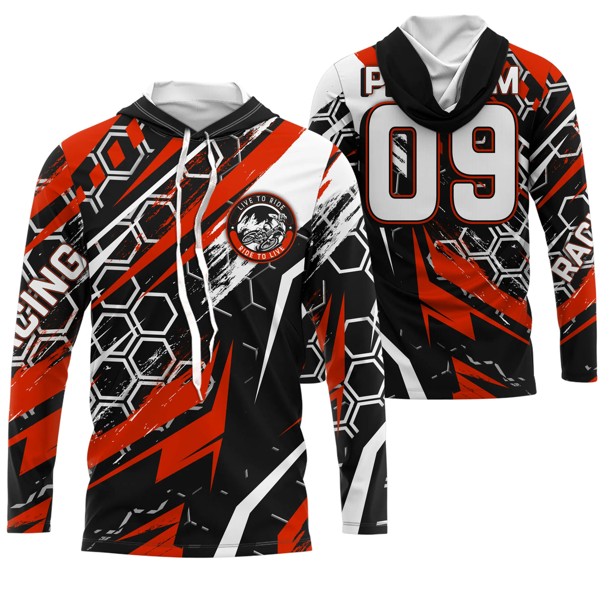 Sweat motocross noir rouge avec écusson MX et motif hexagonal Racing, prénom numéro 09 imprimés