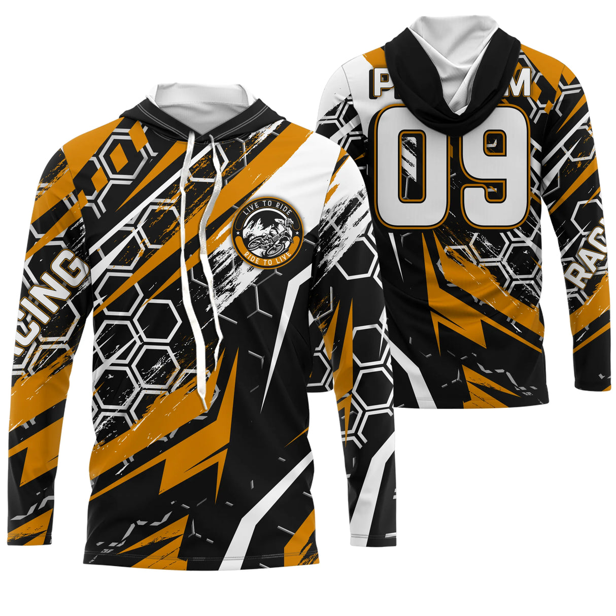 Sweat motocross noir orange avec écusson MX et motif hexagonal Racing, prénom numéro 09 imprimés