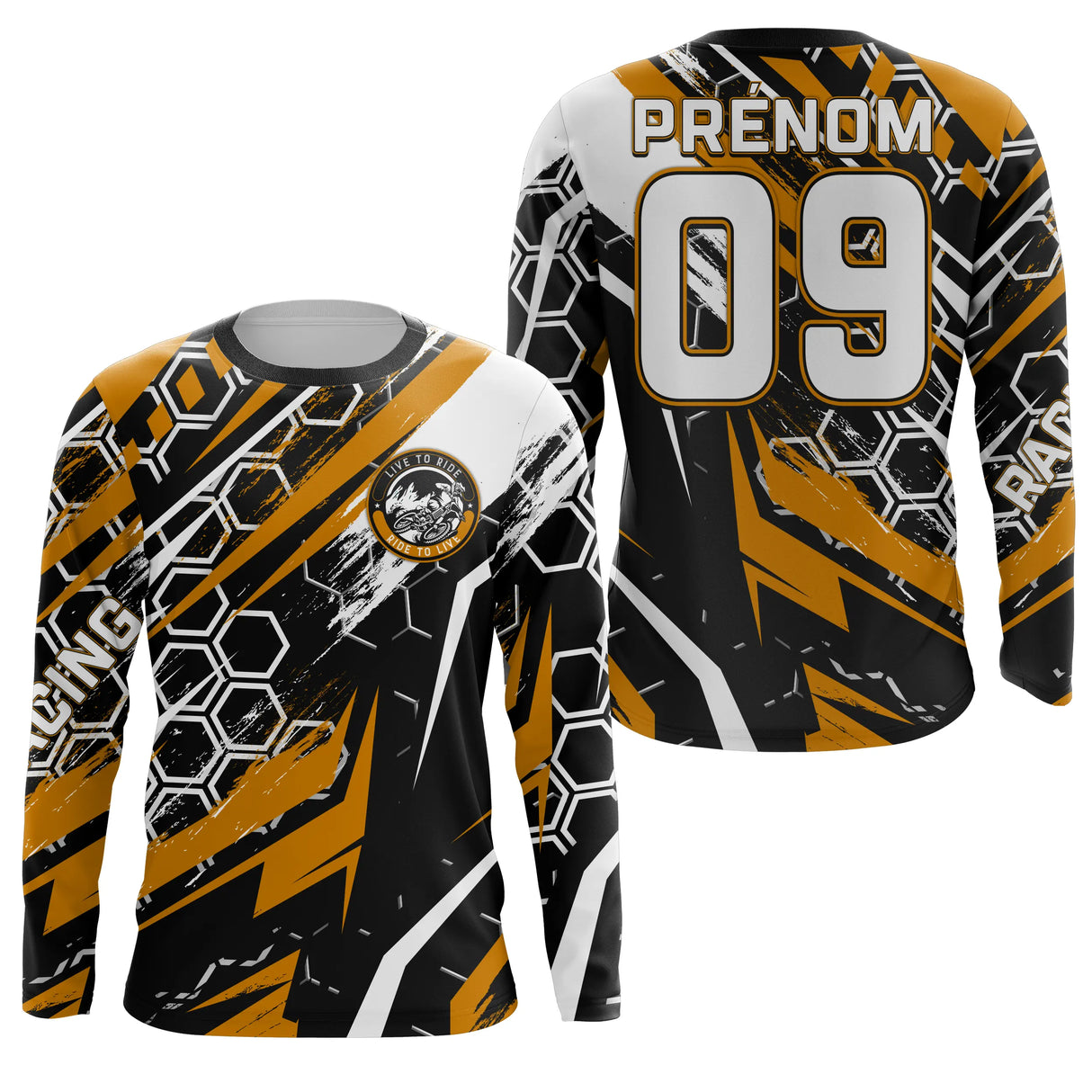 Anti-UV manches longues sweat motocross orange hexagonal, tenue piste avec prénom et numéro